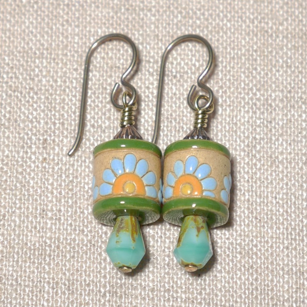 Hand Crafted Handmade Earrings Floral Ceramic & Czech Glass Bead Earrings